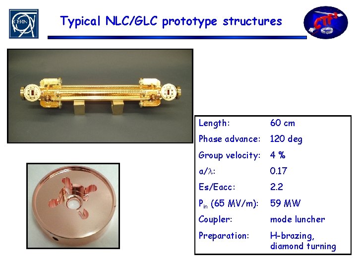 Typical NLC/GLC prototype structures Length: 60 cm Phase advance: 120 deg Group velocity: 4%