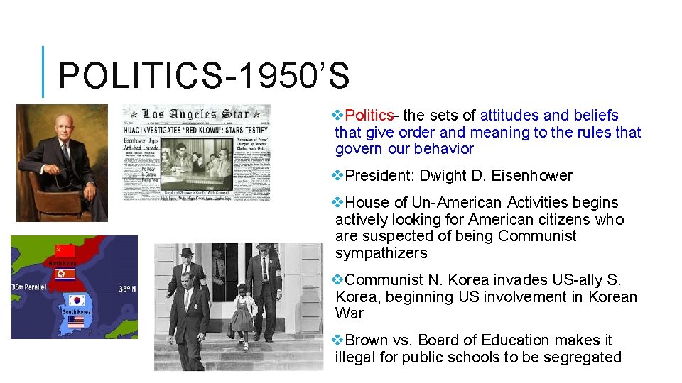 POLITICS-1950’S v. Politics- the sets of attitudes and beliefs that give order and meaning