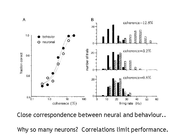 Close correspondence between neural and behaviour. . Why so many neurons? Correlations limit performance. Close correspondence between neural and behaviour. . Why so many neurons? Correlations limit performance.