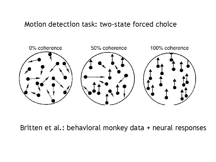 Motion detection task: two-state forced choice Britten et al. : behavioral monkey data + Motion detection task: two-state forced choice Britten et al. : behavioral monkey data +