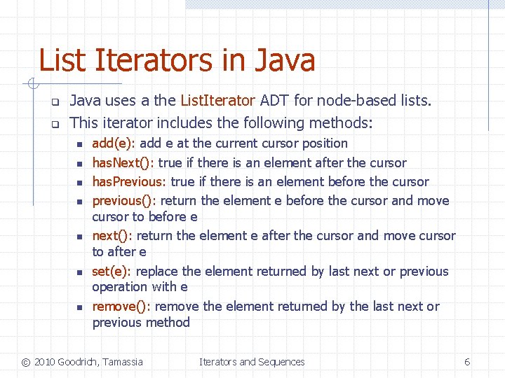 List Iterators in Java q q Java uses a the List. Iterator ADT for