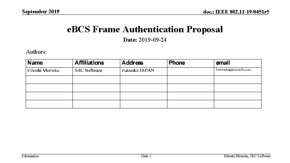 September 2019 doc. : IEEE 802. 11 -19/0451 r 5 e. BCS Frame Authentication