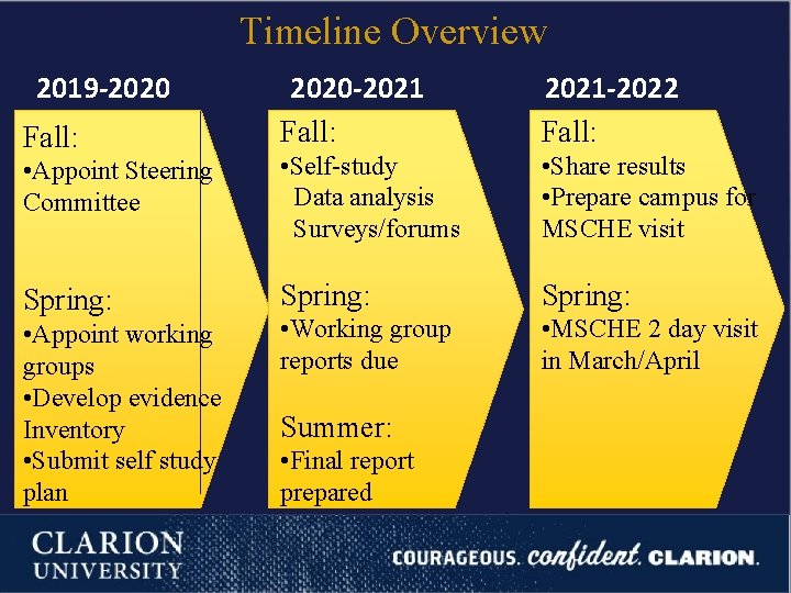 Timeline Overview 2019 -2020 -2021 Fall: 2021 -2022 Fall: • Appoint Steering Committee •