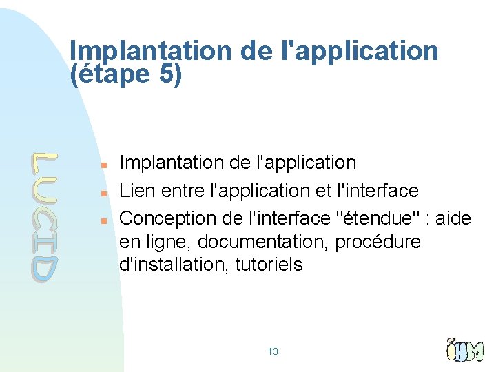 Implantation de l'application (étape 5) Implantation de l'application Lien entre l'application et l'interface Conception