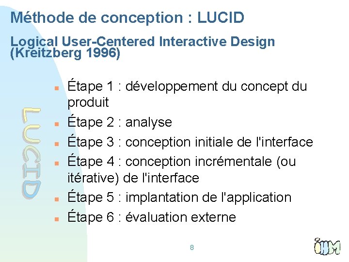 Méthode de conception : LUCID Logical User-Centered Interactive Design (Kreitzberg 1996) Étape 1 :