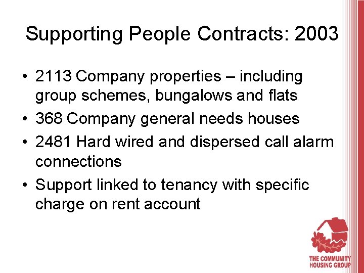 Supporting People Contracts: 2003 • 2113 Company properties – including group schemes, bungalows and