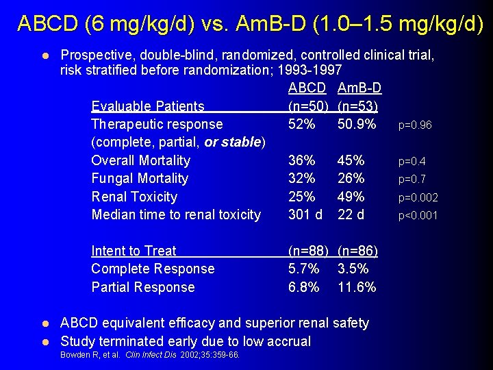 ABCD (6 mg/kg/d) vs. Am. B-D (1. 0– 1. 5 mg/kg/d) l Prospective, double-blind,