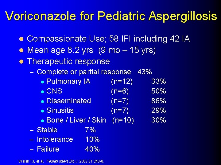 Voriconazole for Pediatric Aspergillosis Compassionate Use; 58 IFI including 42 IA l Mean age