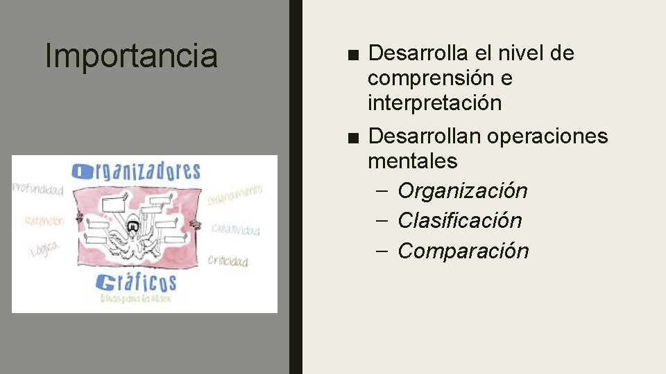 Importancia ■ Desarrolla el nivel de comprensión e interpretación ■ Desarrollan operaciones mentales –