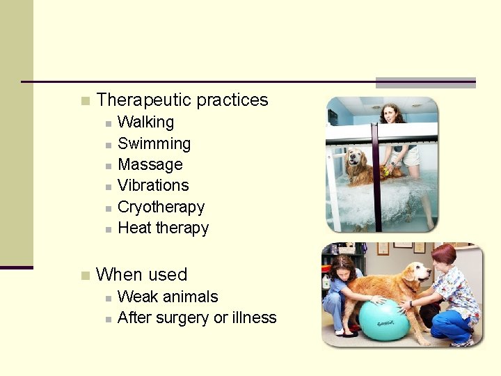 n Therapeutic practices n n n n Walking Swimming Massage Vibrations Cryotherapy Heat therapy