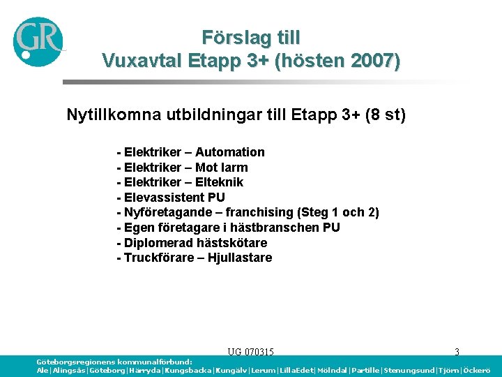 Förslag till Vuxavtal Etapp 3+ (hösten 2007) Nytillkomna utbildningar till Etapp 3+ (8 st)