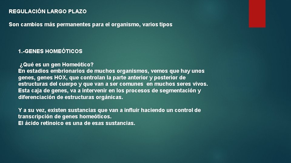 REGULACIÓN LARGO PLAZO Son cambios más permanentes para el organismo, varios tipos 1. -GENES