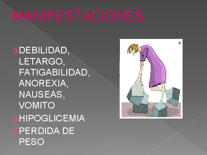 MANIFESTACIONES DEBILIDAD, LETARGO, FATIGABILIDAD, ANOREXIA, NAUSEAS, VOMITO HIPOGLICEMIA PERDIDA DE PESO 