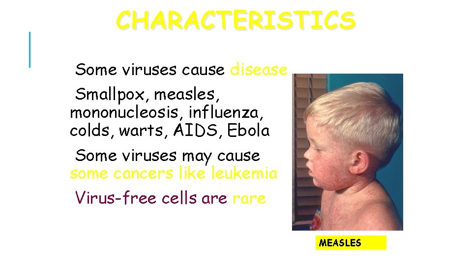 CHARACTERISTICS Some viruses cause disease Smallpox, measles, mononucleosis, influenza, colds, warts, AIDS, Ebola Some