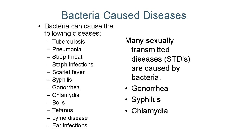 Bacteria Caused Diseases • Bacteria can cause the following diseases: – – – Tuberculosis