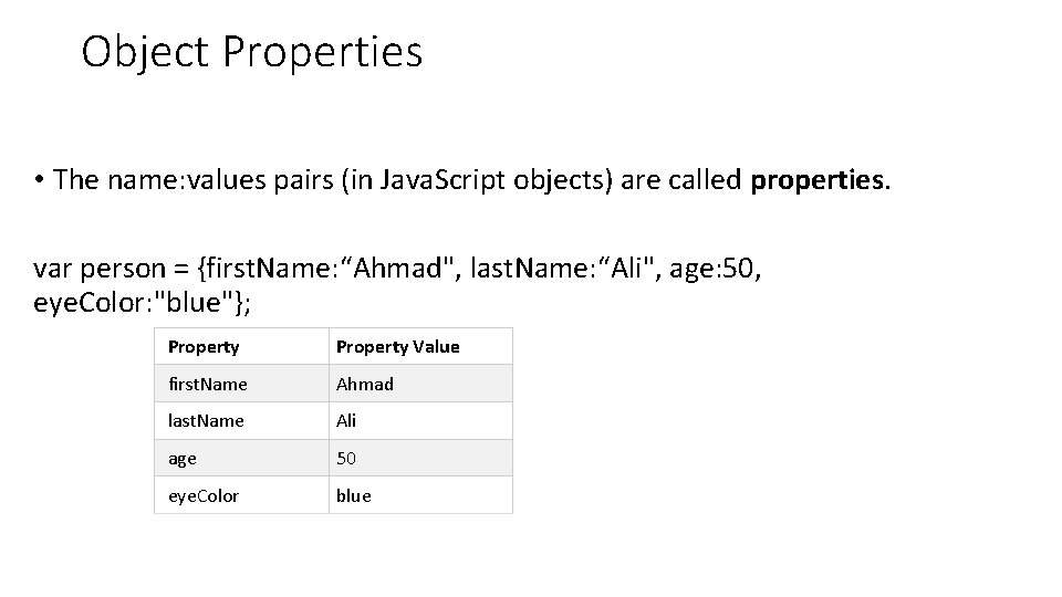 Object Properties • The name: values pairs (in Java. Script objects) are called properties.