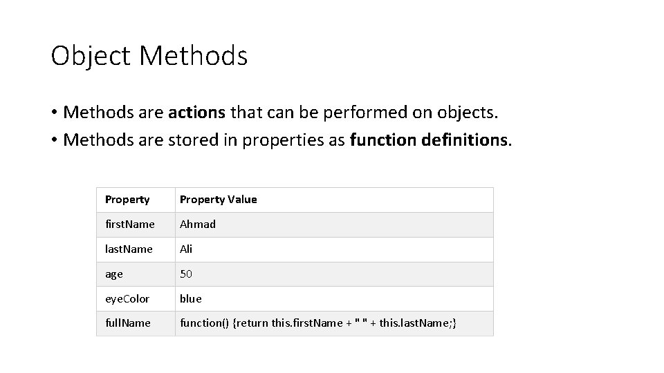 Object Methods • Methods are actions that can be performed on objects. • Methods