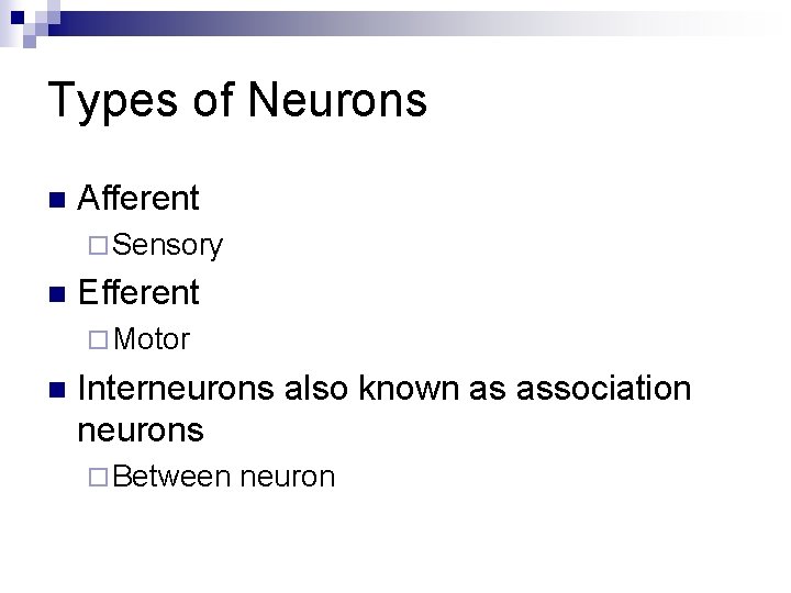 Types of Neurons n Afferent ¨ Sensory n Efferent ¨ Motor n Interneurons also