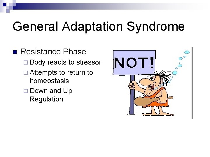 General Adaptation Syndrome n Resistance Phase ¨ Body reacts to stressor ¨ Attempts to