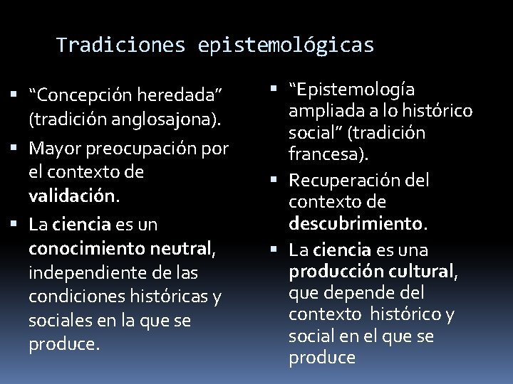 Tradiciones epistemológicas “Concepción heredada” (tradición anglosajona). Mayor preocupación por el contexto de validación. La