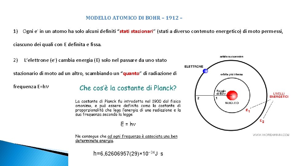 MODELLO ATOMICO DI BOHR – 1912 – 1) Ogni e- in un atomo ha