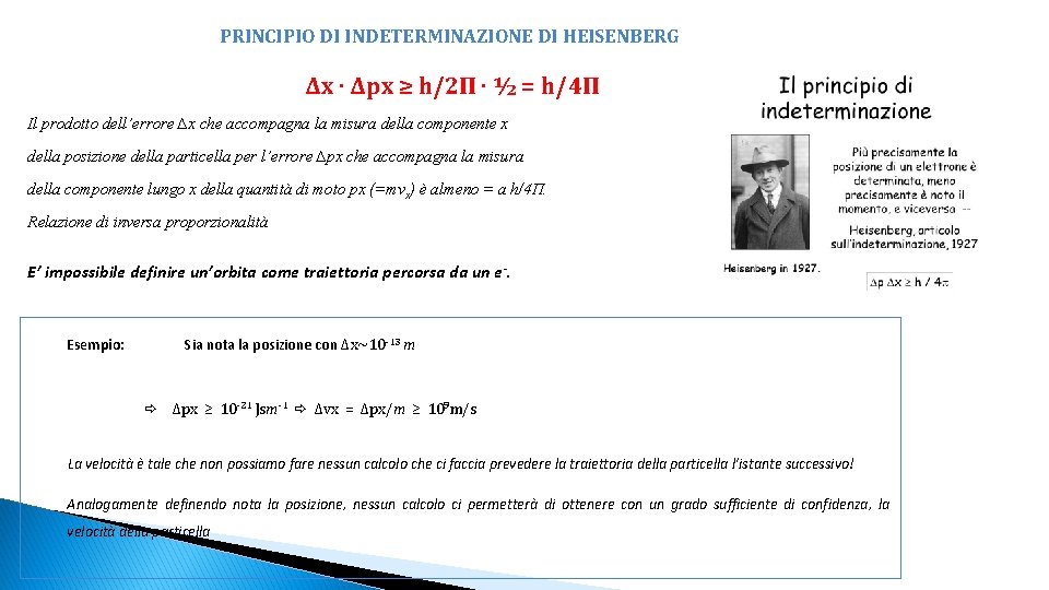 PRINCIPIO DI INDETERMINAZIONE DI HEISENBERG ∆x · ∆px ≥ h/2Π · ½ = h/4Π