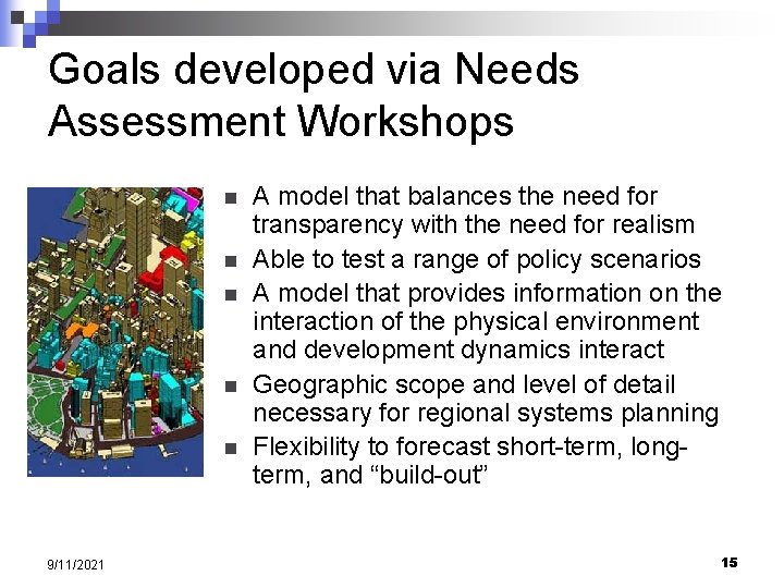 Goals developed via Needs Assessment Workshops n n n 9/11/2021 A model that balances