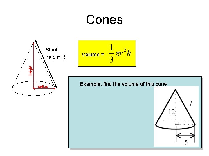 Cones Slant height (l) Volume = Example: find the volume of this cone 