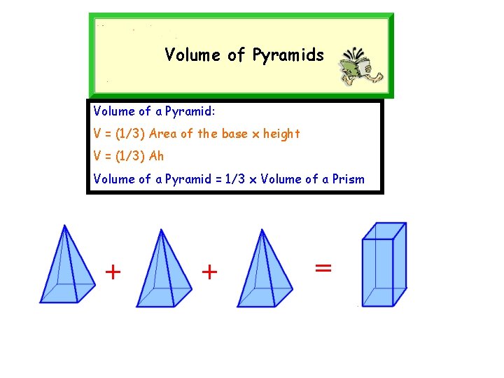 Volume of Pyramids Volume of a Pyramid: V = (1/3) Area of the base