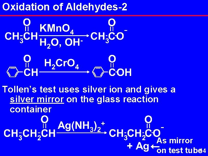 Oxidation of Aldehydes-2 Tollen’s test uses silver ion and gives a silver mirror on