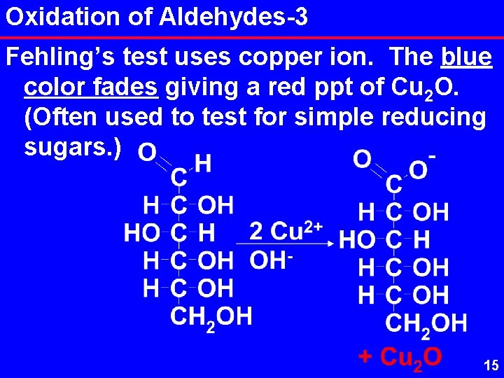 Oxidation of Aldehydes-3 Fehling’s test uses copper ion. The blue color fades giving a