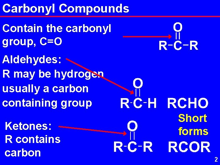Carbonyl Compounds Contain the carbonyl group, C=O Aldehydes: R may be hydrogen usually a