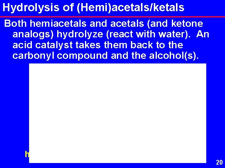 Hydrolysis of (Hemi)acetals/ketals Both hemiacetals and acetals (and ketone analogs) hydrolyze (react with water).