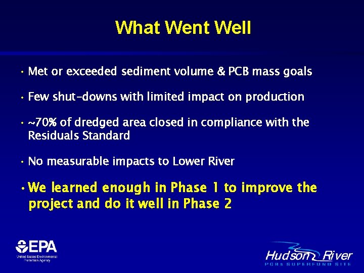 What Went Well • Met or exceeded sediment volume & PCB mass goals •