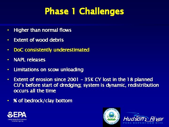 Phase 1 Challenges • Higher than normal flows • Extent of wood debris •