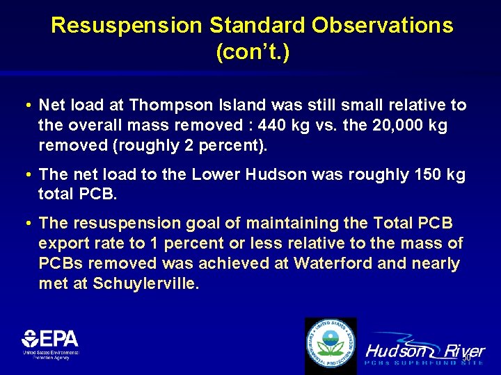 Resuspension Standard Observations (con’t. ) • Net load at Thompson Island was still small