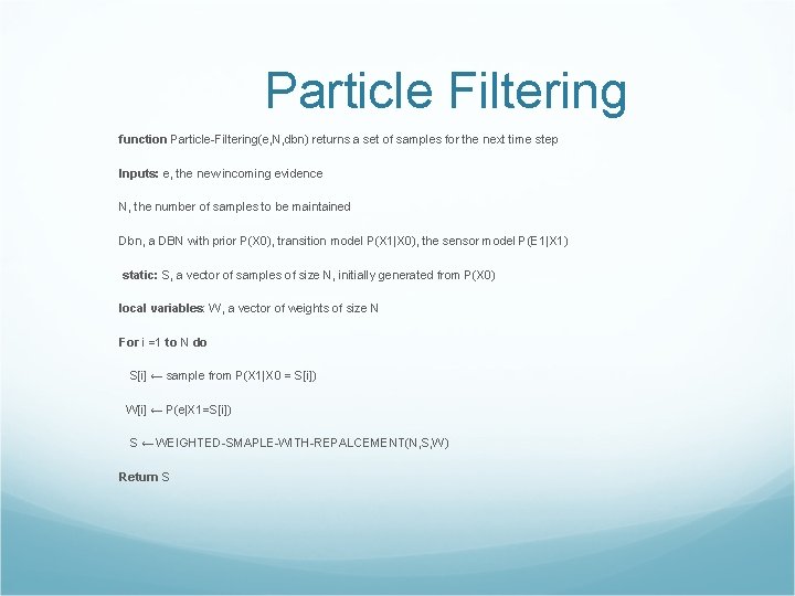 Particle Filtering function Particle-Filtering(e, N, dbn) returns a set of samples for the next