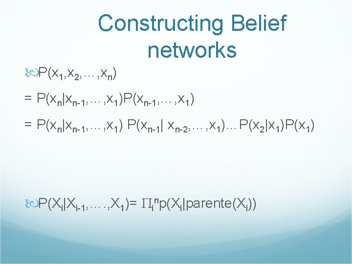 Constructing Belief networks P(x 1, x 2, …, xn) = P(xn|xn-1, …, x 1)P(xn-1,