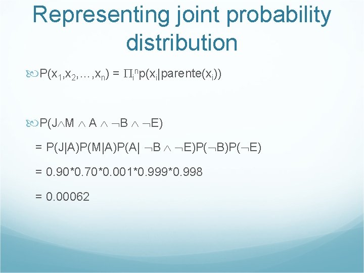 Representing joint probability distribution P(x 1, x 2, …, xn) = inp(xi|parente(xi)) P(J M