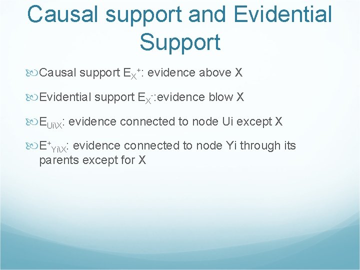 Causal support and Evidential Support Causal support EX+: evidence above X Evidential support EX-: