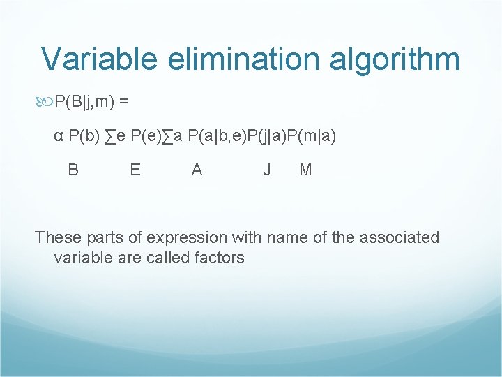 Variable elimination algorithm P(B|j, m) = α P(b) ∑e P(e)∑a P(a|b, e)P(j|a)P(m|a) B E
