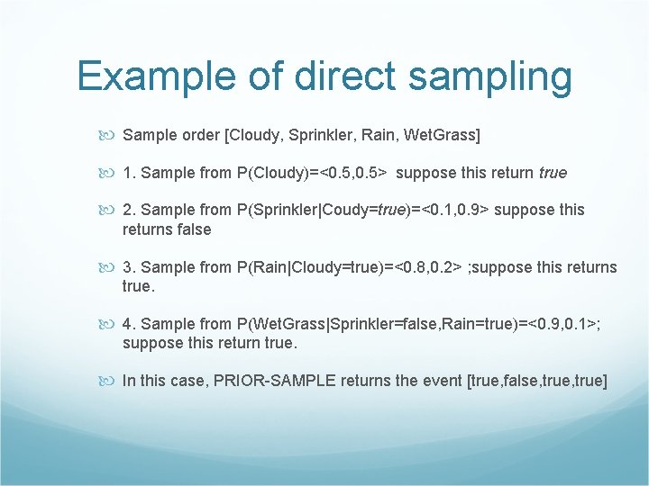 Example of direct sampling Sample order [Cloudy, Sprinkler, Rain, Wet. Grass] 1. Sample from