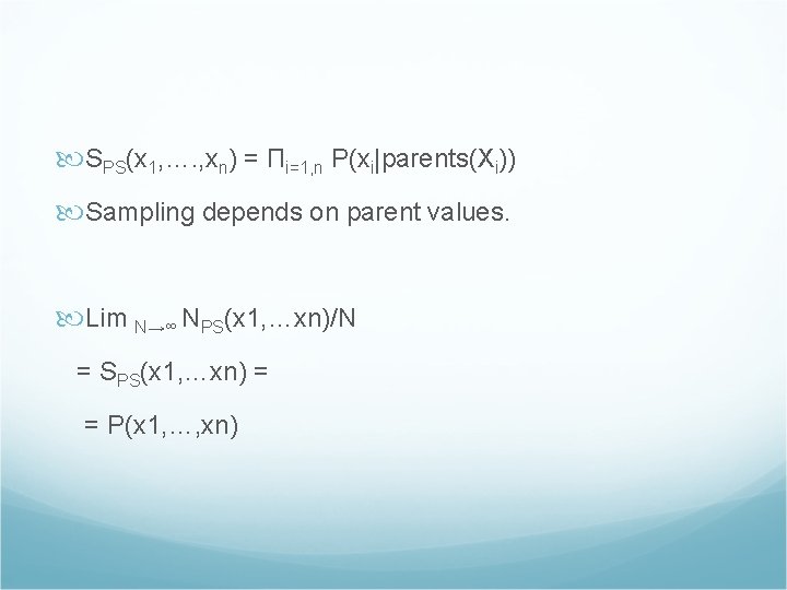  SPS(x 1, …. , xn) = Πi=1, n P(xi|parents(Xi)) Sampling depends on parent