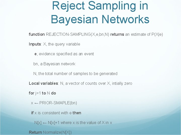 Reject Sampling in Bayesian Networks function REJECTION-SAMPLING(X, e, bn, N) returns an estimate of