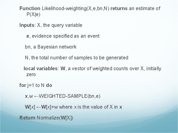 Function Likelihood-weighting(X, e, bn, N) returns an estimate of P(X|e) Inputs: X, the query