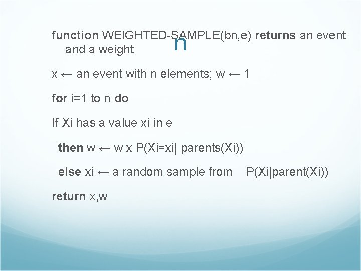 function WEIGHTED-SAMPLE(bn, e) returns an event and a weight n x ← an event