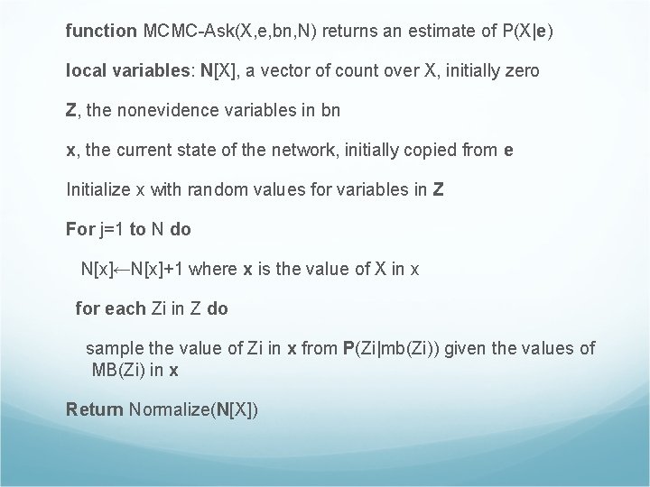 function MCMC-Ask(X, e, bn, N) returns an estimate of P(X|e) local variables: N[X], a