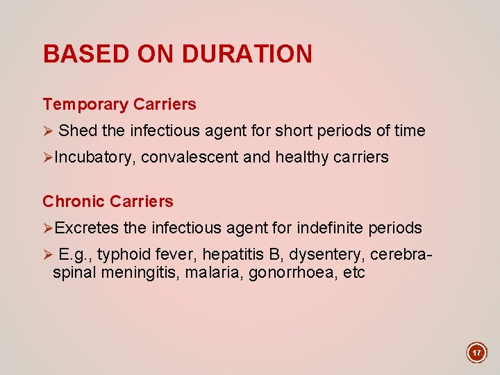 BASED ON DURATION Temporary Carriers Ø Shed the infectious agent for short periods of