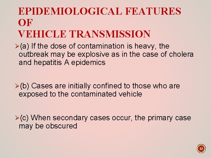 EPIDEMIOLOGICAL FEATURES OF VEHICLE TRANSMISSION Ø(a) If the dose of contamination is heavy, the