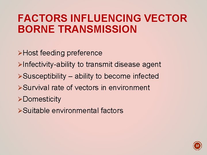 FACTORS INFLUENCING VECTOR BORNE TRANSMISSION ØHost feeding preference ØInfectivity-ability to transmit disease agent ØSusceptibility